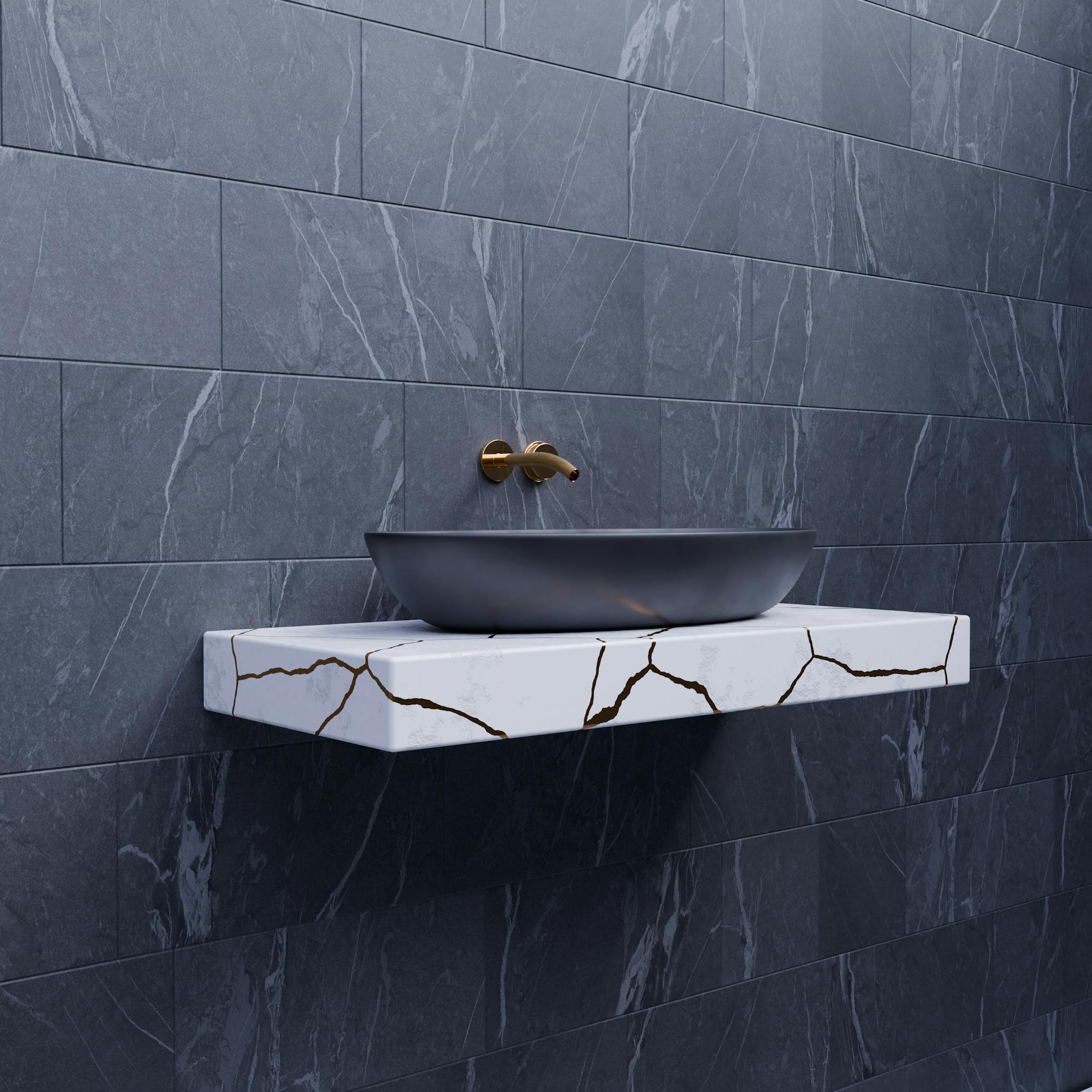 Elegant bathroom featuring a grey marble sink on cracked pattern tile wall.